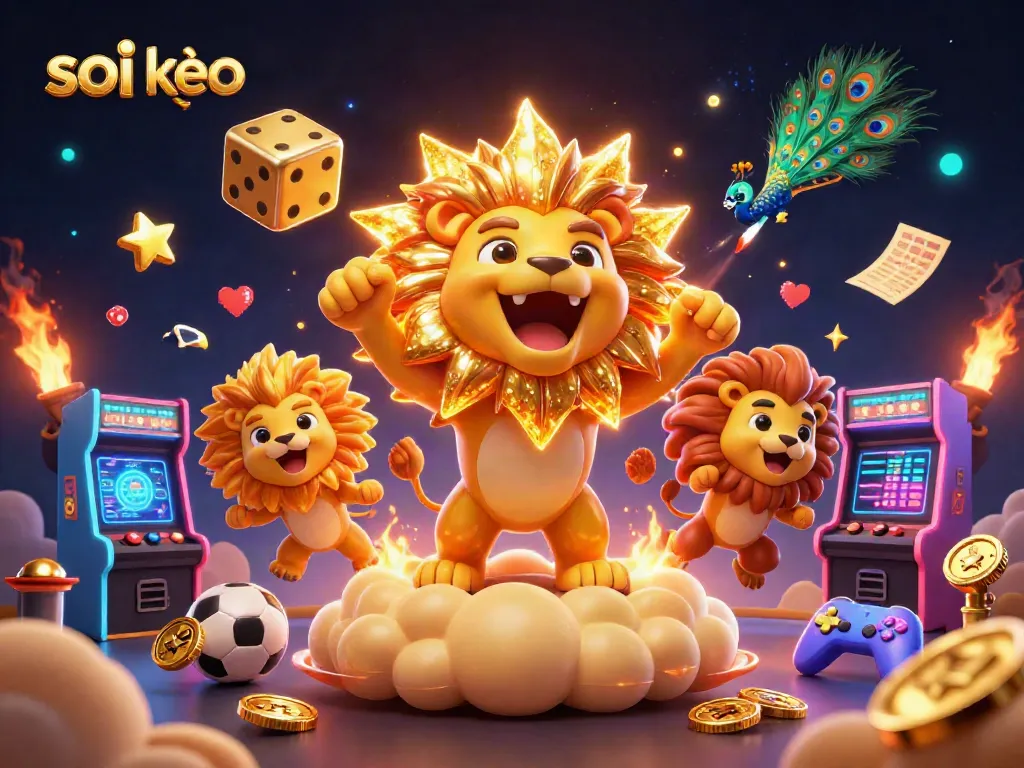 Soi kèo sports betting scene featuring a roaring lion and dynamic casino elements.