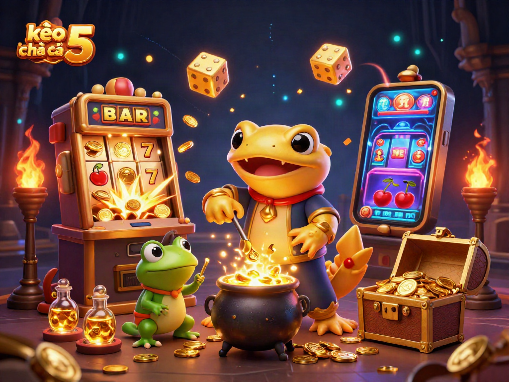 Kèo nhà cái 5 showcases a golden salamander and frog in a captivating casino scene bursting with gold.