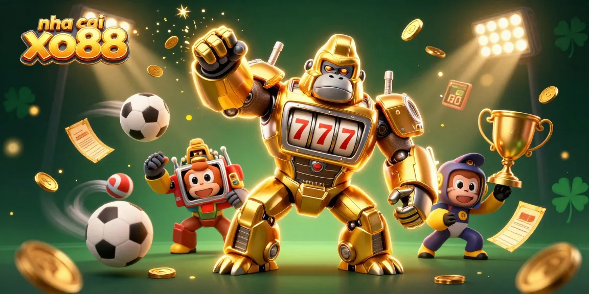 Engage with nha cai xo88 featuring a dynamic 3D gorilla mech and sports elements.