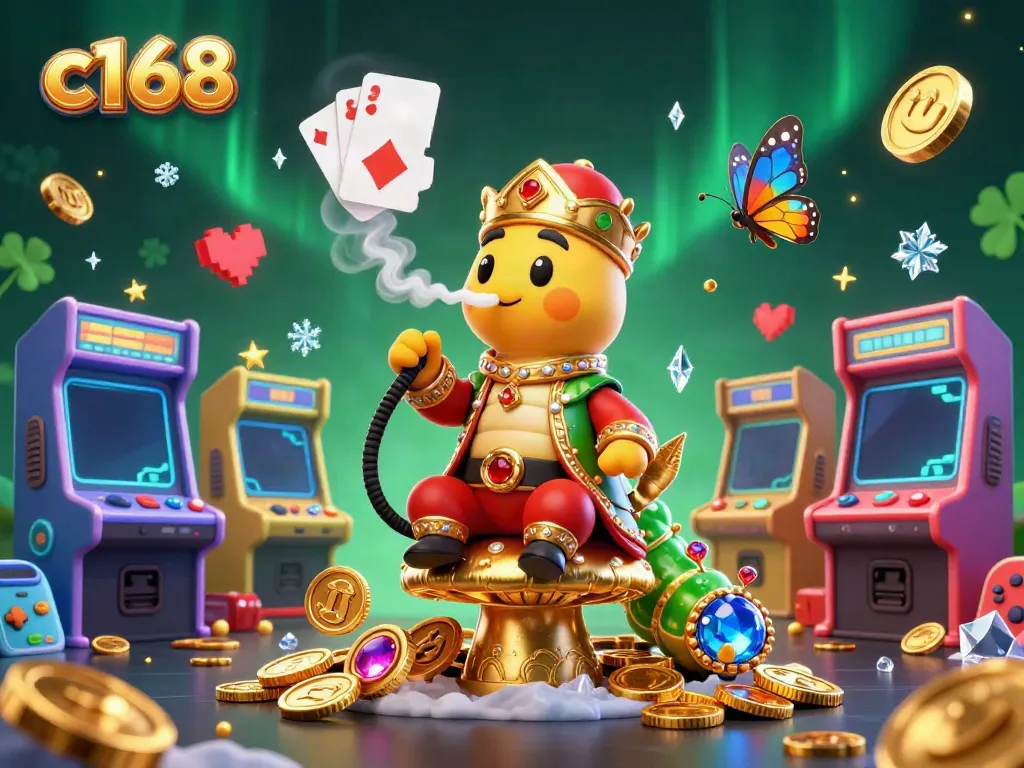 C168 gaming illustration featuring a magical caterpillar character in a casino setting.