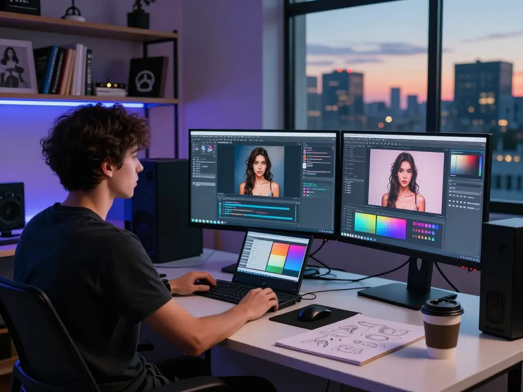 Artist creating innovative ai porn visuals in a dynamic digital studio with advanced technology and inspiring atmosphere.