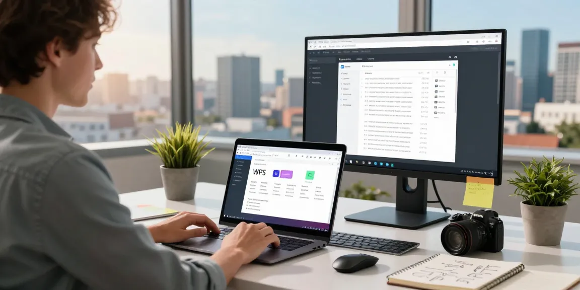 Dynamic workspace depicting WPS Official Website software in use on modern laptop, showcasing collaborative features.