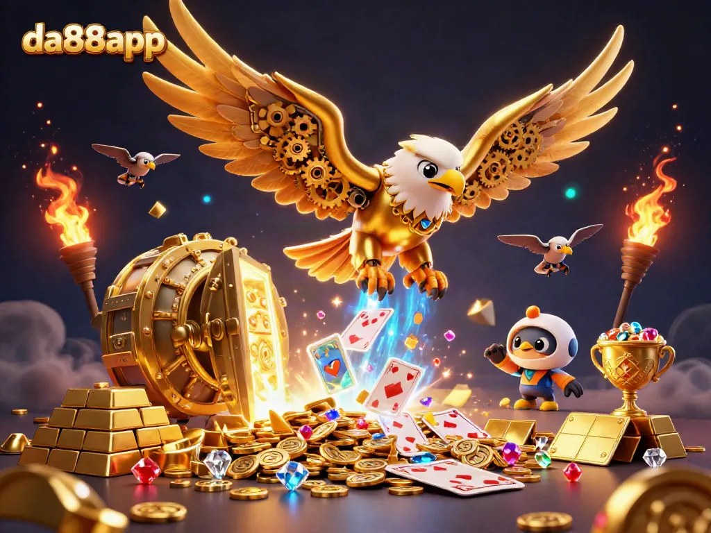 Experience thrilling wins at da88app with a vibrant 3D casino scene filled with gold and excitement.