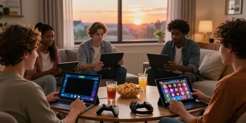 Players enjoying diverse slot games on DA88's mobile app in a cozy setting.