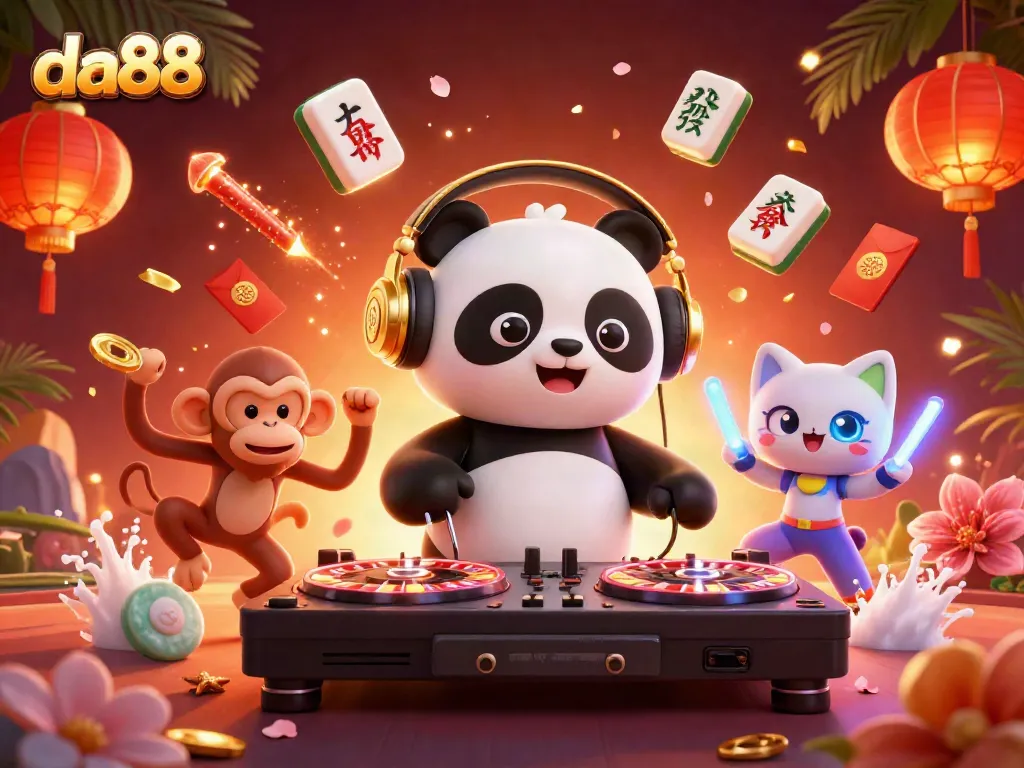 Experience the excitement at da88 with a vibrant casino-themed illustration featuring lively characters.