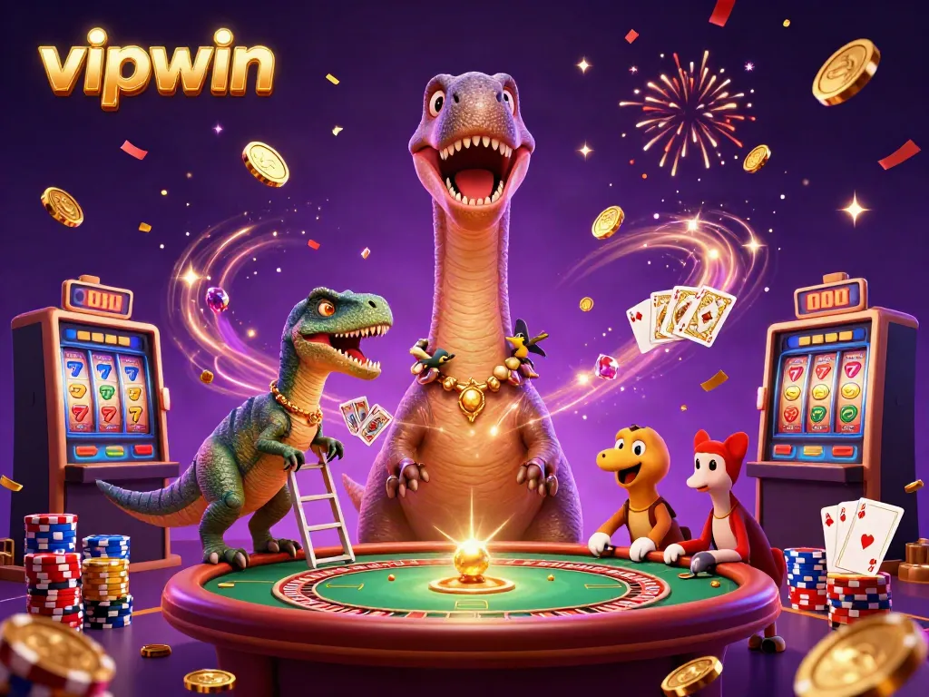 Engage with vipwin as a giant brontosaurus watches a clever raptor deal cards in a vibrant casino scene.