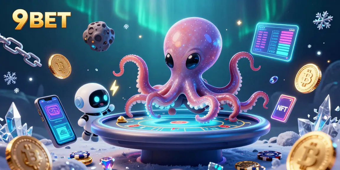 Play with 9BET in a vibrant cosmic casino scene featuring an alien octopus and crypto elements.