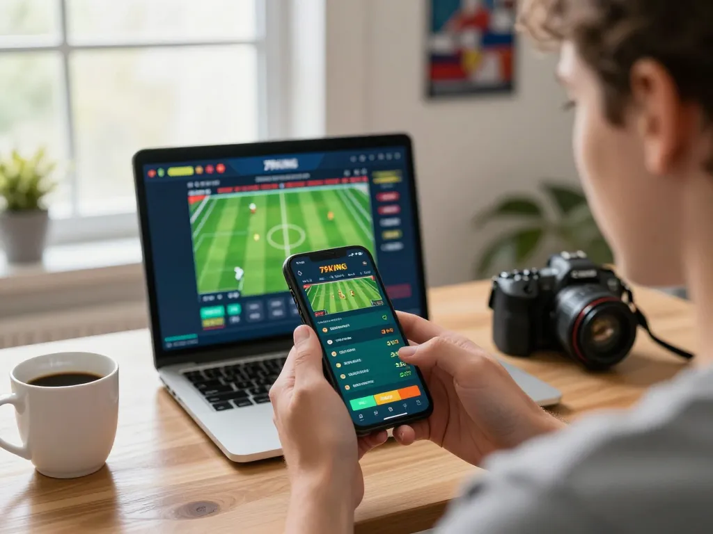 Betting live on sports through the 79KING app on mobile in a comfortable home setting.