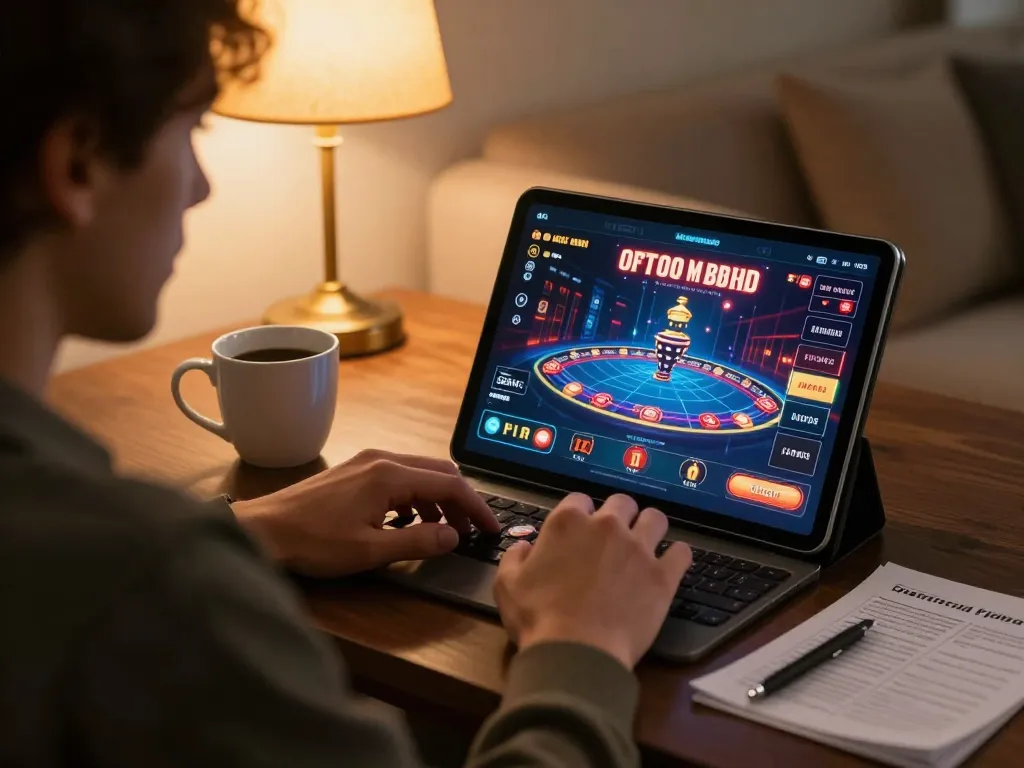 Player exploring rr88 casino games on tablet in a cozy home setting, highlighting strategic gameplay.