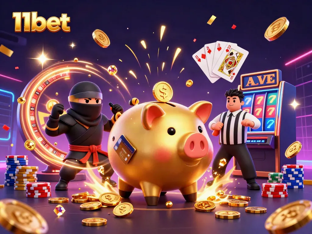 Engaging 3D scene with 11bet characters including a golden piggy bank wrestler and gaming elements.