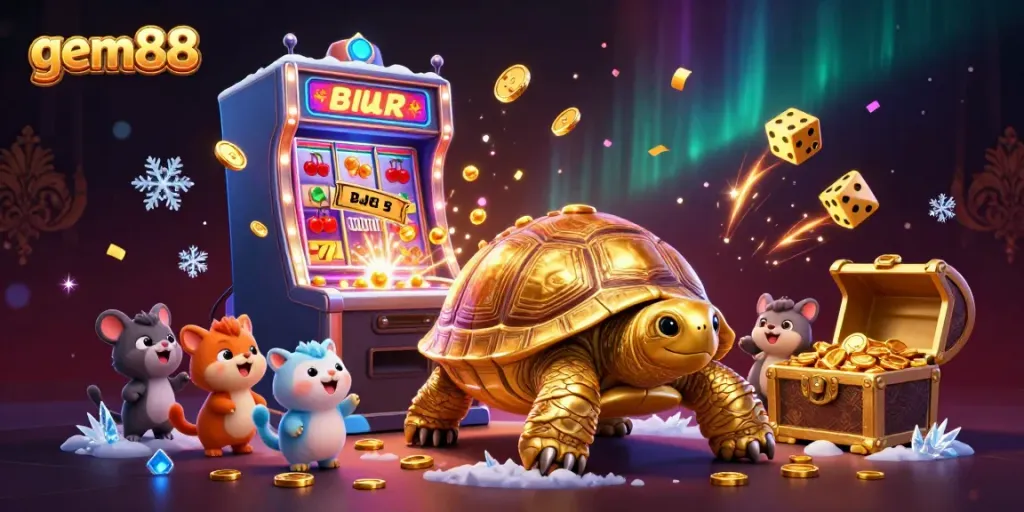 Engage in thrilling gameplay at gem88 with a vibrant scene featuring a golden tortoise slot machine and casino elements.