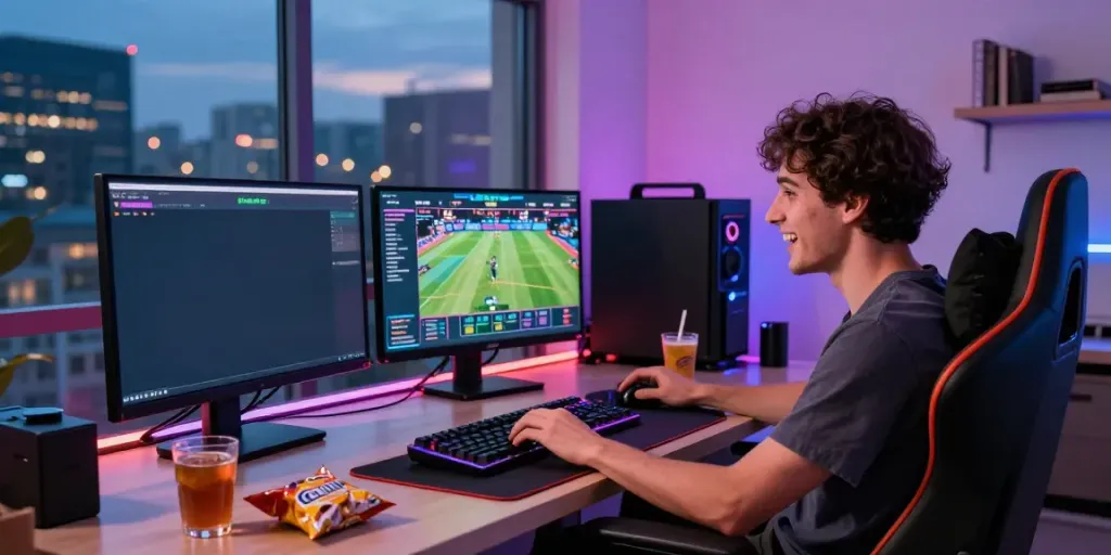 Live betting on sports and casino games at https://fabet.com.mx/ in a lively home office setting.