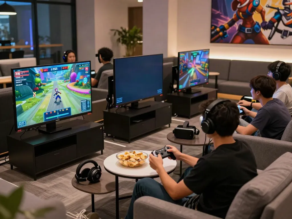 Friends enjoying games together at https://manclub1.jp.net/ gaming lounge with snacks and modern design.