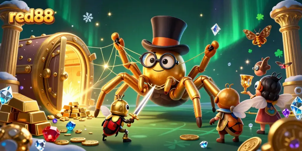 Experience excitement with red88 in a vibrant casino scene involving a golden tarantula and knight.