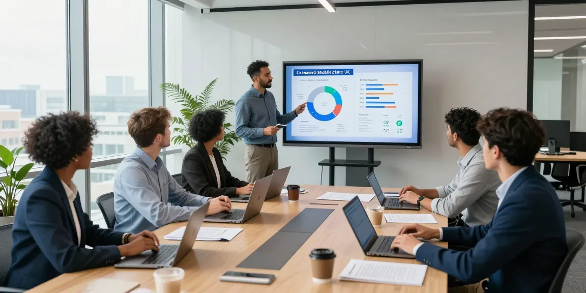Team discussing corporate mobile plans UK at a modern office meeting, showcasing analytics on a large screen.