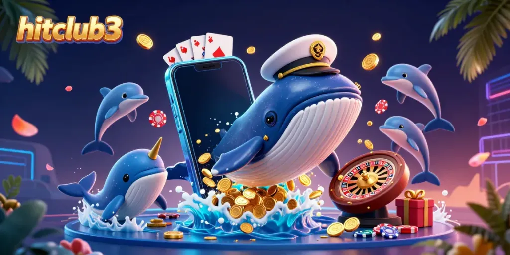 Hitclub3 showcases an animated whale and narwhal in a vibrant casino scene filled with gold coins and gaming elements.