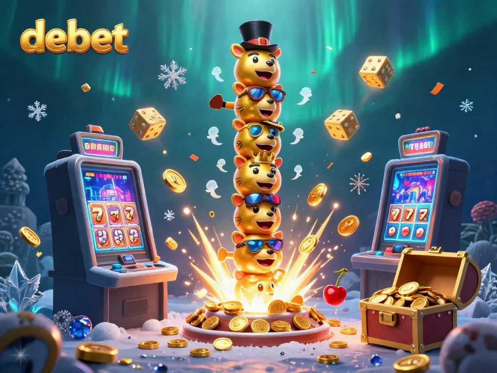 Experience thrilling jackpots at debet with a vibrant 3D totem pole, slot machine, and casino game elements.