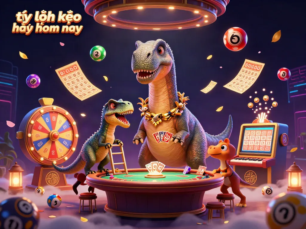 A dynamic scene featuring a brontosaurus at a poker table, promoting tỷ lệ kèo nhà cái hôm nay with exciting gambling elements.