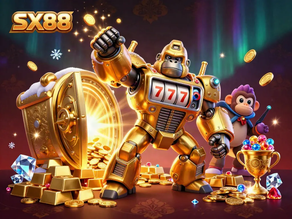 Experience the thrilling SX88 gambling adventure with a golden gorilla mech amidst treasures and excitement.