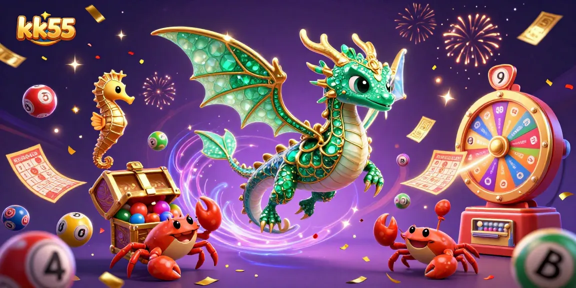Discover exciting games with kk55 showcased by a vibrant 3D sea dragon and colorful lottery elements.