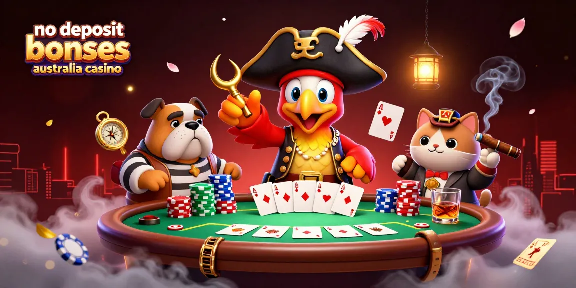 No deposit bonuses australia casino scene with pirate captain, bulldog, and cat surrounded by poker chips and cards