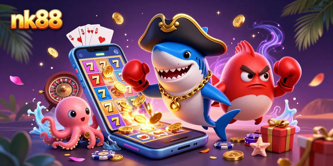 Experience thrilling slots with nk88, where a cheerful shark, pufferfish, and octopus celebrate gameplay.