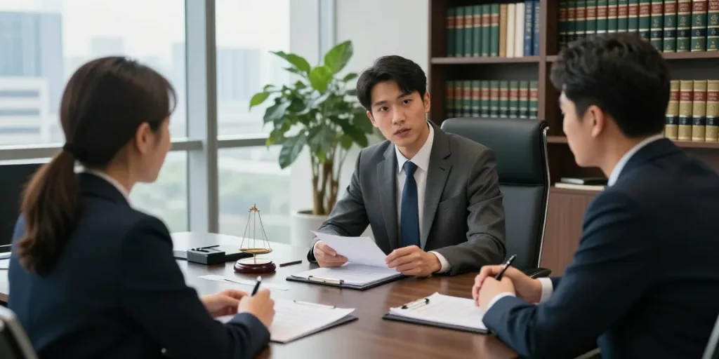 A total noob receiving legal advice from a professional lawyer in modern office