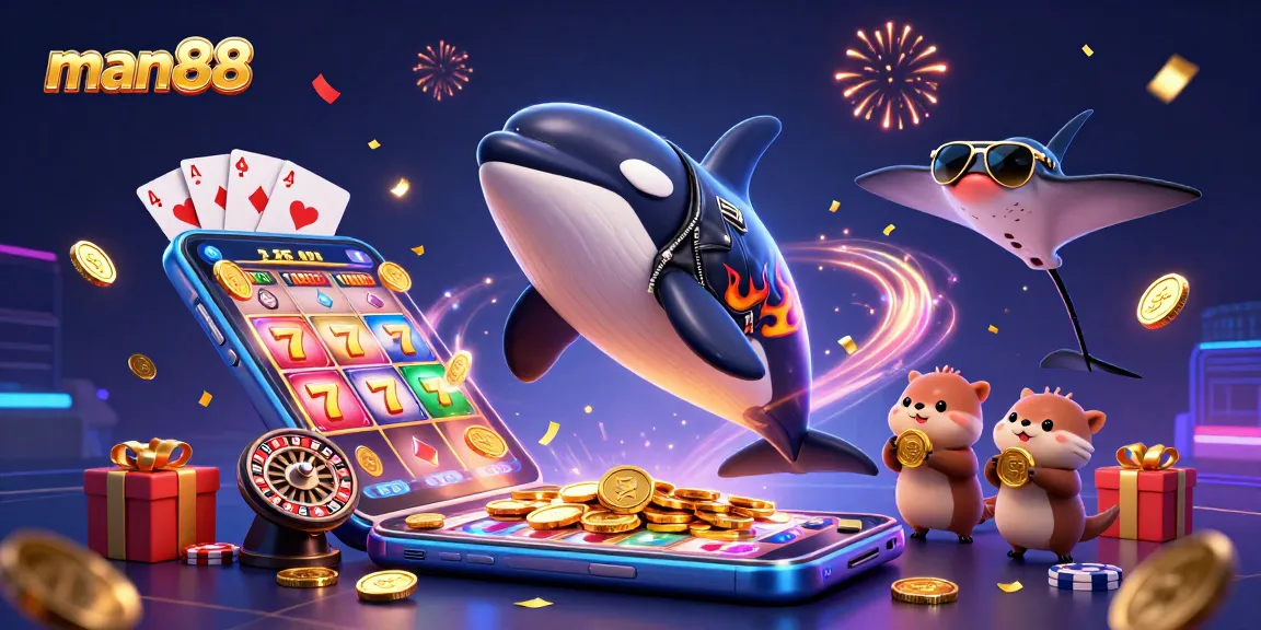 Experience excitement with man88 in this vibrant 3D illustration showcasing lively casino adventures.