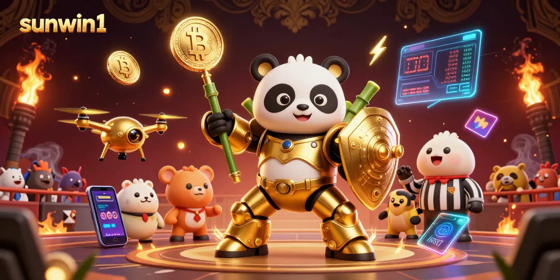 Experience the thrill of sunwin1 with a mech-suit panda in a dynamic casino arena filled with crypto elements.