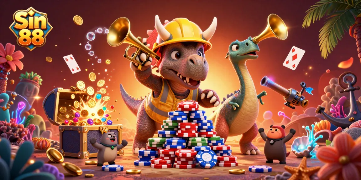 Experience the thrilling excitement of online gambling at Sin 88 with vibrant casino scenes and cheerful characters.